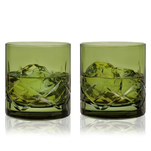 Viski Admiral Rocks Glasses in Green, Crystal Glasses, Spirit Glasses Drinking Gifts for Men and Women, 11.5oz Old Fashioned Glass Set of 2