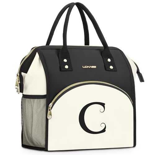 Personalized Lunch Bag for Women, Preppy Reusable Insulated Initials Lunch Box Gift for Friend Large Wide-Open Water Resistant Adult Cooler Tote Bag for Work, Travel, Picnic - Black C