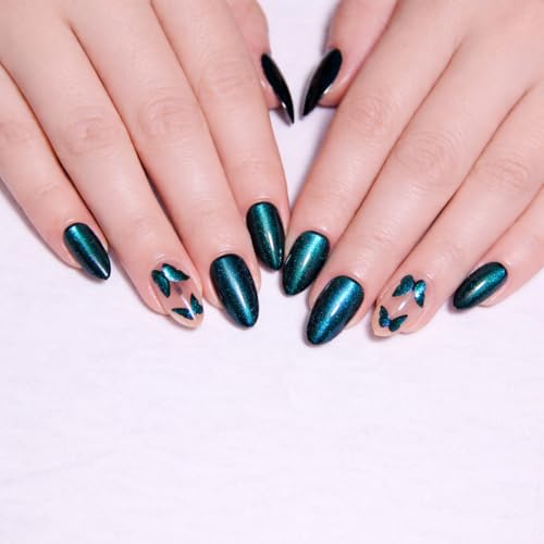 Image of SUSA SOUL24 Pcs ReusablePress On Nails Fake Nails with Glue and Kit| Midnight Aurora ButterfliesHigh Gloss Press On Nails | ABS Material UV Protected Long Lasting Finish | Reusable Customizable Nail Kit |Almond Nails salon fresh look (Green - Medium Almond)