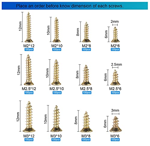 Hantof 1200Pcs M2 M2.5 M3 Small Phillips Flat Head Self Tapping Screws For Wood,Plastic And Soft Metal,Countersunk Head Tapper Screws Set For Diy Micro Woodworking Furniture Box,Carbon Steel-Golden #TOP4