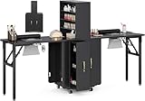 TTGIEET Foldable Manicure Table Nail Table with 2 Desktop, Folding Double Nail Desk w/2 Dust Collector, Open Shelves & Storage Drawers, Double Sides Nail Salon Station w/Wrist Cushion, Wheels(Black)
