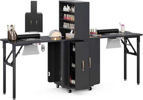 TTGIEET Foldable Manicure Table Nail Table with 2 Desktop, Folding Double Nail Desk w/2 Dust Collector, Open Shelves & Storage Drawers, Double Sides Nail Salon Station w/Wrist Cushion, Wheels(Black)