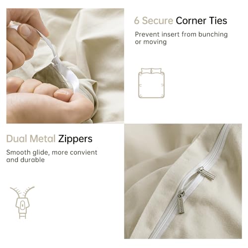 Image of JELLYMONI Cotton Duvet Cover Full Size - 100% Washed Cotton Linen Like Textured Comforter Cover, 3 Pieces Lightweight Soft Bedding Set with Zipper Closure (Light Khaki, Full 80 inchx90 inch)