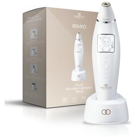 Reinvo Facial Microdermabrasion Wand by Project E Beauty | Gentle Exfoliation | Reduce Wrinkles & Fine Lines | Decrease Pores | Fresh & Radiant Skin | 4 Interchangeable Heads | Vacuum Suction Device Cover