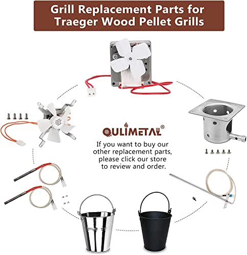 QuliMetal SUS304 Fire Burn Pot and Hot Rod Ignitor Kit, Induction Fan, 2.0 RPM Auger Motor for Traeger and Pit Boss Pellet Grill Burner, Grill Replacement Parts Kit with Ash Remover, Screws and Fuse