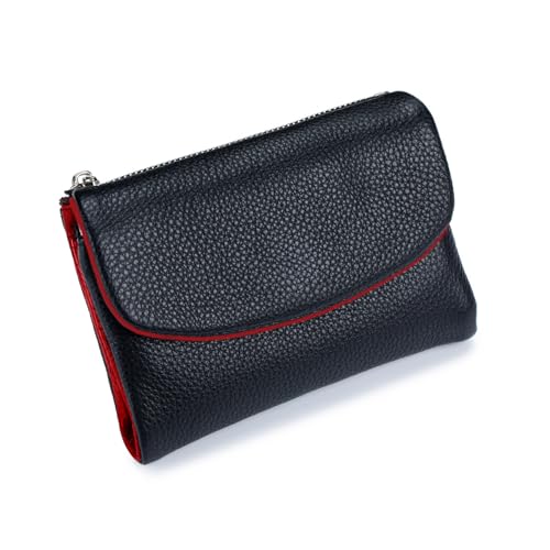 Unisex Pebble Leather Wallet,5.3In Short Genuine Leather Coin Card Holder,Unisex Genuine Leather Coin Purse with Credit Card Holder,Can Hold Coins, Id Cards (Black Red)