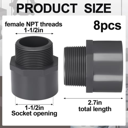 Image of 8 Pcs 1-1 /2 Inch PVC Pipe Fitting Male Adapter Schedule 80 Socket x Npt Compatible with 836 Series Heavy Duty Industrial Grade Corrosion Resistant Plumbing Irrigation Connector for Water