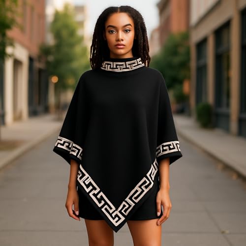 Women's Greek Key Pattern Poncho, High Neck, Asymmetric Hem, Geometric Pattern, Wester Style Knitted Sweater4