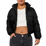 Picture of Xsylxgc Women's Winter Long Sleeve Zip Cropped Puffer Jacket Pockets Baggy Short Down Coats, Black L