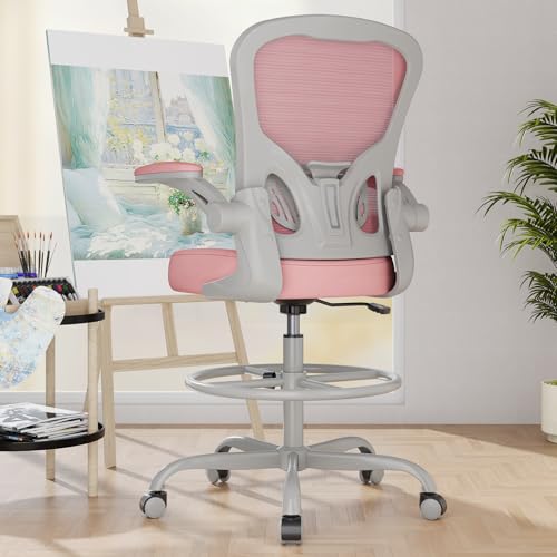 Image of Synorla Ergonomic Drafting Chair, Tall Mesh Office Chair with Flip-up Armrests, Lumbar Support & Adjustable Footrest Ring for Standing Desk Gray Pink