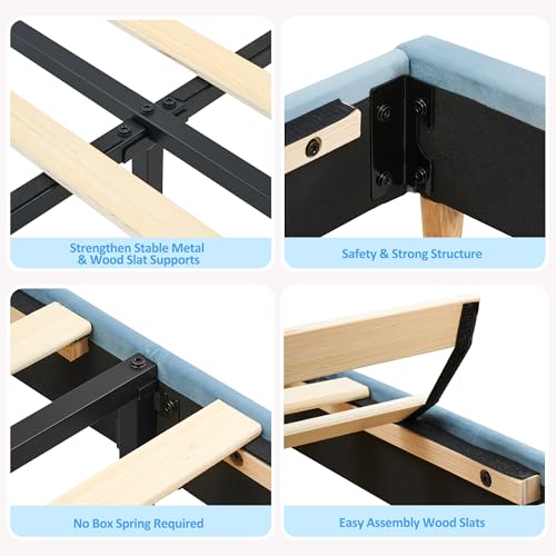 GarveeHome Twin Bed Frame with Drawer, Boys Bed, Velvet Upholstered Platform BedFrame with Storage Headboard for Kids, No Box Spring Needed, Easy Assembly, Noise-Free, Light Blue