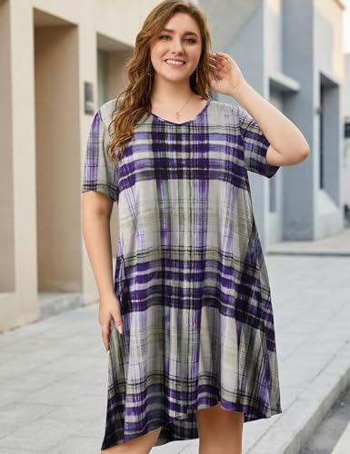 Image of OVERWORETY Womens Short Sleeve Plus Size T-Shirt Dress V Neck Casual Loose Swing A-Line Summer Tunic Dresses with Pockets
