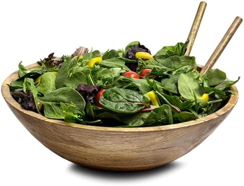 Fairwood Way Wood Salad Bowl Set - 15 Inch Extra Large Wooden Salad Bowl with Serving Utensils - Mango Wood Serving Bowl with Salad Servers