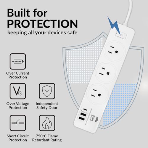WBM SMART Extensión PG-01A con 3 tomas, 2 puertos USB y 1 enchufe tipo C, cable de 1.8 m, voltaje 125V, corriente máxima 10 Amps miniatura 5