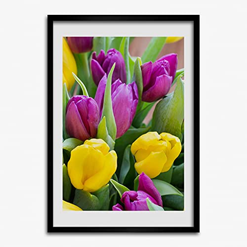 Tableau moderne Tulup en bois MDF avec affiche de tulipes colorées 50x70 cm