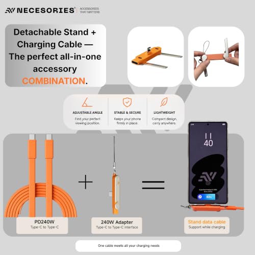 Image of 240W Flat Silicone Type C Cable with Detachable Mobile Stand | 1.5M | Tangle Free | 480Mbps | Multi-Angle | Keychain |Compatible with Laptop iPad Samsung OnePlus iPhone 16