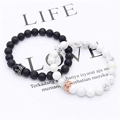 2 Pcs 8mm Natural Stone CZ Crown King Queen Beads His and Hers Couple Bracelet Meaningful Valentines Day's Gift for Lover Frinds - Image 3