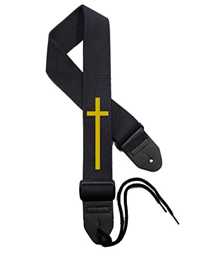 Legacystraps Christian Guitar Strap 2 Inch Wide Cotton Strap with Cross Design Gold on Black