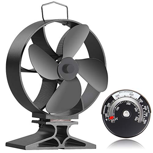 Bluesea Upgrade 4 Blade Heat Powered Wood Stove Fan, Eco Friendly Fireplace Fan, Stove Fan for Gas/Pellet/Wood/Log Burning Stove with Thermometer, Black, Round