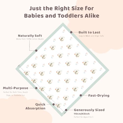 Image of Muslin Baby Towels Bath Towels 43 x 43 Inch Soft 100% Cotton Cute Animal Print Washcloths Extra Large Baby Bath Towels for Newborns Infants Toddlers Kids