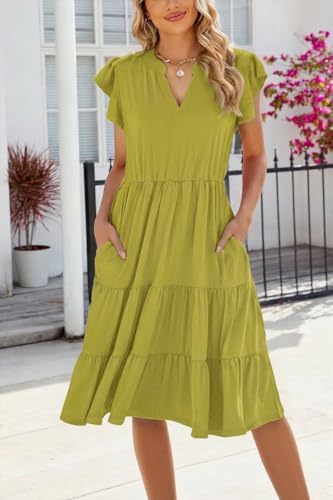 Image of Womens Summer Dress Ruffle Sleeve V Neck Midi Dresses Casual Fit Flowy Tiered Boho Beach Vacation Sundress