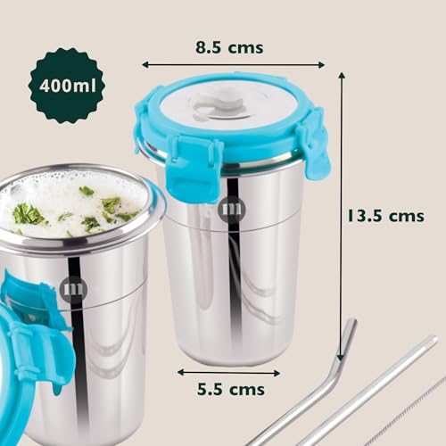 Image of MARU Stainless Steel Tumbler 400ml with Lid, Reusable Straw & Cleaning Brush - Durable, Leakproof & Portable Drinking Cup - Ideal for Travel, Office & Home (Blue Set of 1)