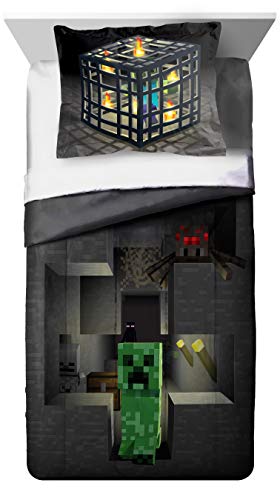 Jay Franco Minecraft Spawn Gray Twin/Full Comforter & Sham Set - Super Soft Kids Bedding Features Creeper - Fade Resistant Polyester Microfiber Fill (Official Minecraft Product)