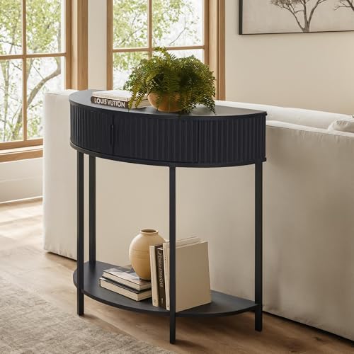 unipaws Half Moon Console Table with Drawer Storage, Narrow Entryway Table with Hidden Cabinet & Lower Shelf, Modern Semi-Circle Hallway Table for Living Room, Small Spaces (31.5