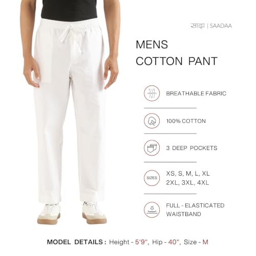 Image of SAADAA Men's 100% Cotton Pants | Mid-Rise Straight Fit Casual Trousers with Elastic Waistband and 3 Pockets | Everyday Wear