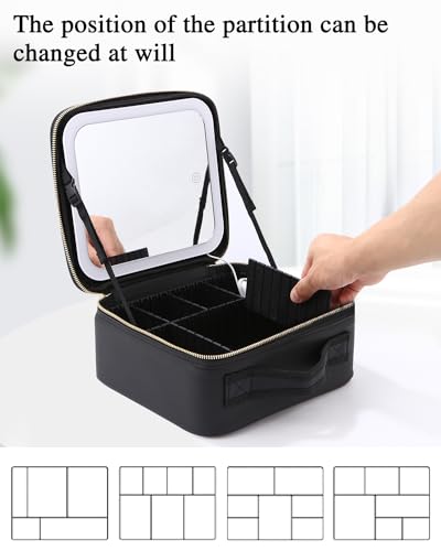 Maletin Maquillaje con Espejo,Lupa 10x Cosméticos Bolsa organizadora Maquillaje con Espejo Iluminado 3 Modos Color Brillo Ajustable,Portátil Impermeable Estuche Maquillaje,Organizador Maquillaje Viaje - imagen 5