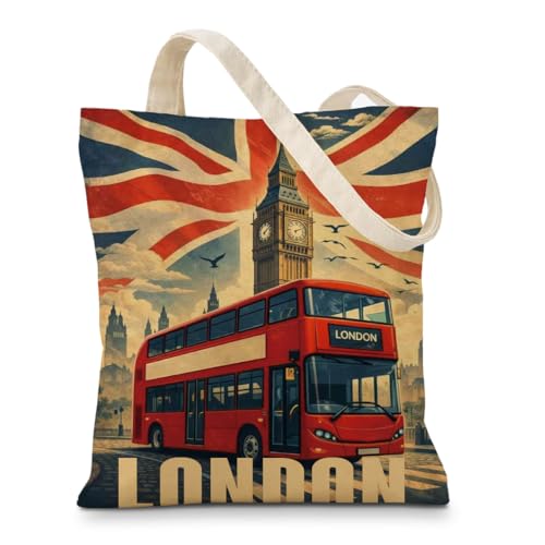 Geondos London Tote Bag, Vintage Travel Poster Style Handbag, British City Souvenir Shoulder Bag, Retro Style Reusable Shopping Bags Gift for Women Daily Work Carryall