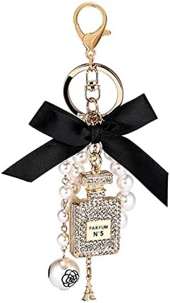 WEPROSOFS Cute Keychains for Women, Key Chains for Car Keys Keychain Accessories Perfume Bottle with Pearl Strands & Bowknot, Keyring Crafts Hangings for Car Accessories Handbag Decorations (Black)