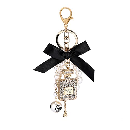 Weprosofs Cute Keychains For Women, Key Chains For Car Keys Keychain Accessories Perfume Bottle With Pearl Strands & Bowknot, Keyring Crafts Hangings For Car Accessories Handbag Decorations (Black) #TOP21