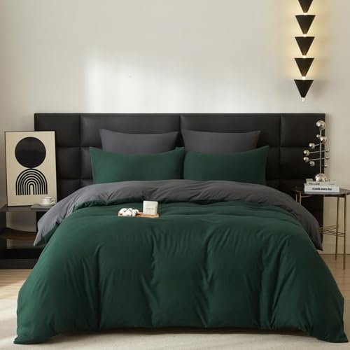 Gezu Bettwäsche Baumwolle 220x200cm Dunkelgrün Grau 3Teilig Einfarbig Uni...