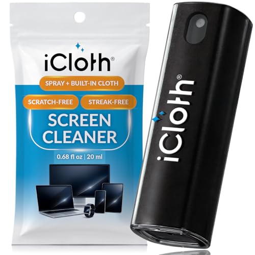 iCloth 2-in-1 Screen Cleaner Spray with Built-in Microfiber Cloth for Laptops Tablets Phones Car Screens and Touchscreens Streak-Free & Anti-Smudge Large 0.68 fl oz (20ml) Bottle