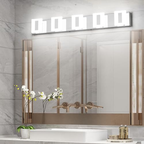 Image of Modern LED Bathroom Vanity Lights, 5 Light 6000K Cool Light Chrome Wall Lighting Fixtures, Acrylic Stainless Steel Vanity Lighting Over Bathroom Vanity Mirror