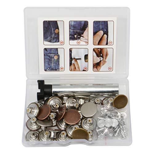Jeans Buttons Kit Metal Tack Buttons With Install Tools Replacement Jean Buttons 30 Sets 17 Mm For Diy Customize Jeans Jackets Pants Shirts Skirts Trousers Handbags Clothes And Garment #TOP1