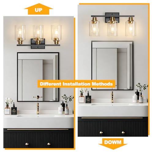 Image of Unicozin 3 Light Bathroom Light Fixtures, Modern Vanity Lights Over Mirror, Black and Gold Wall Lamp with Clear Glass for Living Room Cabinet Bedroom Porch