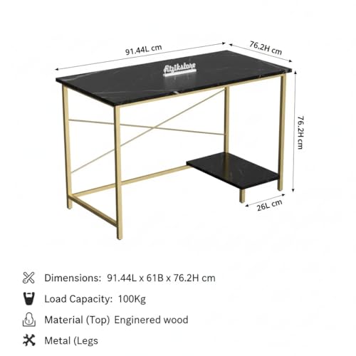 Image of RIZIK Store Folding Study Table | 36 inchx24 inch Computer Desk with Laminated Top & Metal Frame | Home Office, Bedroom, Study & Kids Room Warranty Protected (Marble Black & Gold)