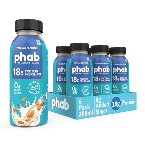 Phab Protein Milkshake | Vanilla Almond Flavor | Pack of 6 x 200ml | 18g Protein | No Added Sugar | Gluten-Free, High Fibre & Prebiotics | Healthy & Delicious