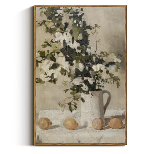 VIYYIEA Vintage Floral Large Framed Wall Art, Flowers and Lemons Paingtings Decor Aesthetic, 24x36 Inch Canvas Print Artwork, Farm Still Life Wall Pictures for Bedroom Living Room