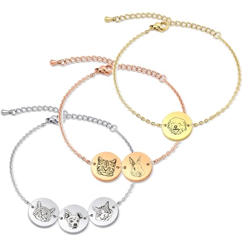Anavia Personalized 1/2/3 Disc Pet Portrait Bracelet, Handmade Pet Memorial Photo Engraved Jewelry Gift, Glossy Stainless Steel Multiple Round Disc Chain Bracelet for Dog Cat Small Animal Lovers