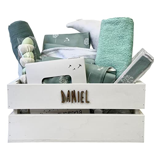 MIMUSELINA Canastilla Bebe Recien Nacido | Cesta Personalizable con el Nombre de tu Bebé - Regalo Bebe Recien Nacido con Cosas de Bebes - Cesta Bebe Recien Nacido Niña o Niño (L, Menta)