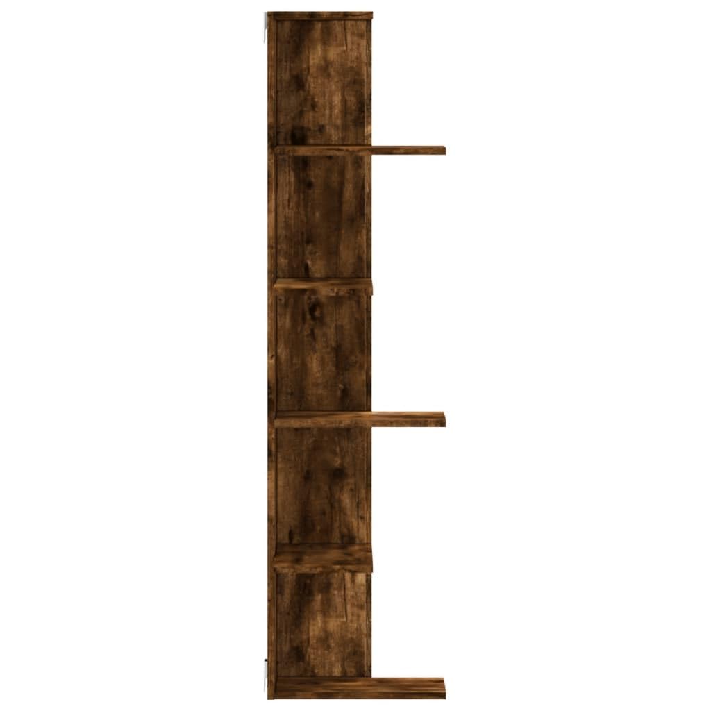 Wand-Eckregal Räuchereiche aus Holzwerkstoff 36,5x36,5x140 cm platzsparendes Regal mit Wandhalterung für Wohnzimmer Schlafzimmer Büro zur stilvollen Aufbewahrung und Dekoration