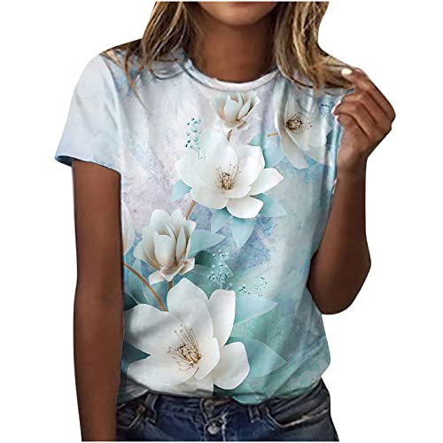 Womens Tshirts Floral Butterfly Print Crew Neck Short Sleeve Tops Ladies Casual Comfy Blouse Summer Tops Graphic Tees
