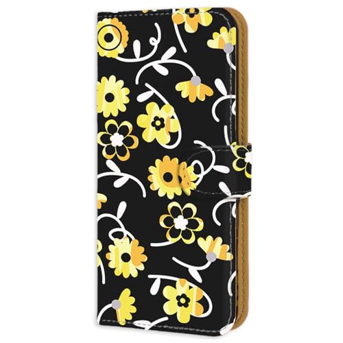 Galaxy S24 FE SCG30 用 スマホケース 手帳 フレキシブル カード収納鏡付き ケータイカバー マグネット ギャラクシーs24feのケース デイジー 北欧風花柄 迷彩柄 黒×黄花 127a03m