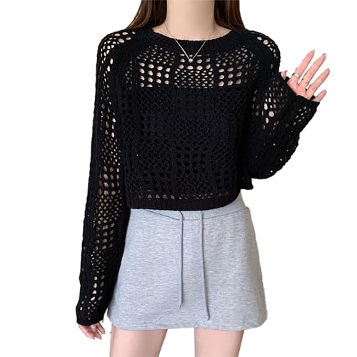 Image of ICW Women's Knitted Crochet Transparent Long-Sleeve Hollow Out Sheer Pullover Top T-Shirt Sweater Dn61 (One Size Fit XS-S-M-L)