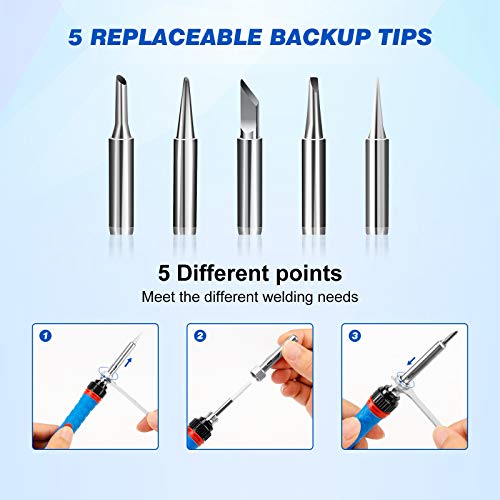 Soldeerboutset, 60 W soldeerbout met temperatuur instelbaar, 100 °C tot 200 °C, soldeerbout, laspistool met 5 stuks ijzeren kop, elektrische soldeerbout, pinset voor verschillende gerepareerde - Afbeelding 4