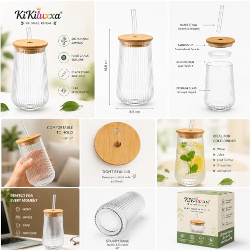 Image of KiKiluxxa 400ml Glass Tumbler with Lid and Straw | Ribbed Drinking Glass with Bamboo Lid | Reusable Glass Coffee Cup for Iced Coffee, Juice, Milkshake, Smoothie & Cold Drinks (Crystal Bloom)