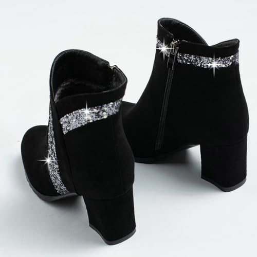 DINTAHA Womens Sparkly Boots,Suede Ankle Boots For Women,Chunky Heel Side Zip Sparkle Glitter Booties4